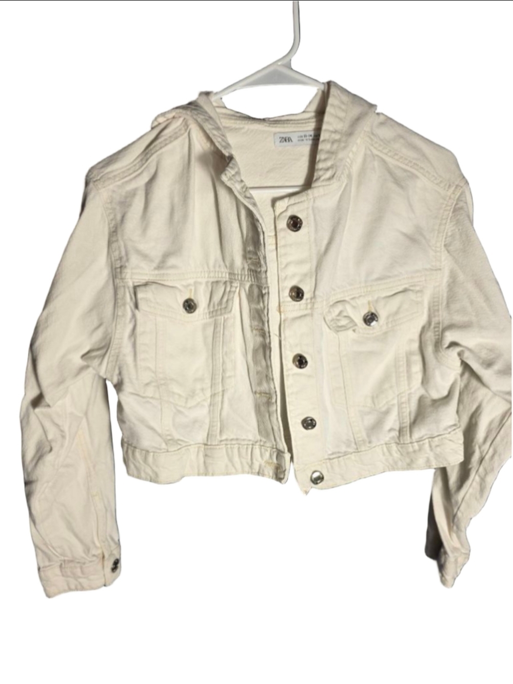 Juniors ZARA White Cropped Hooded Jean Jacket Size 13 preppy